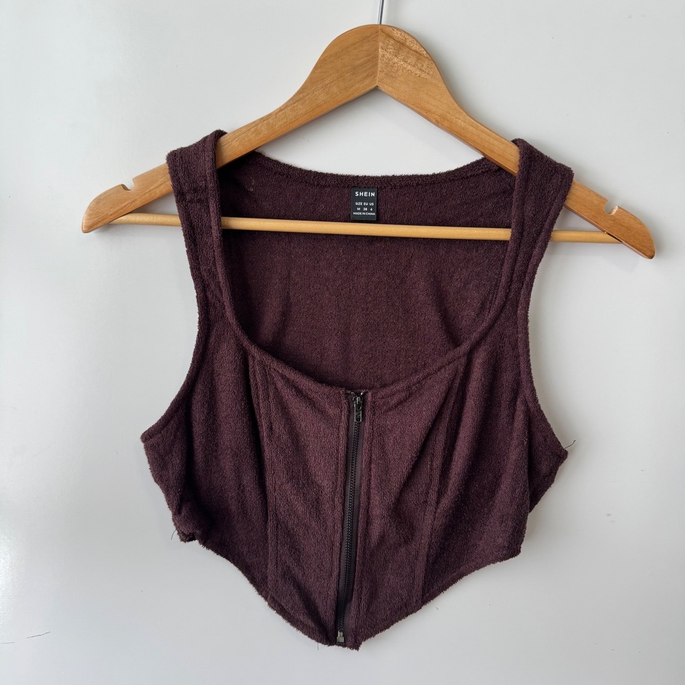 SHEIN Terry Cloth Corset Tank Top‎ Zip Front Fitted Brown Crop Top Size M